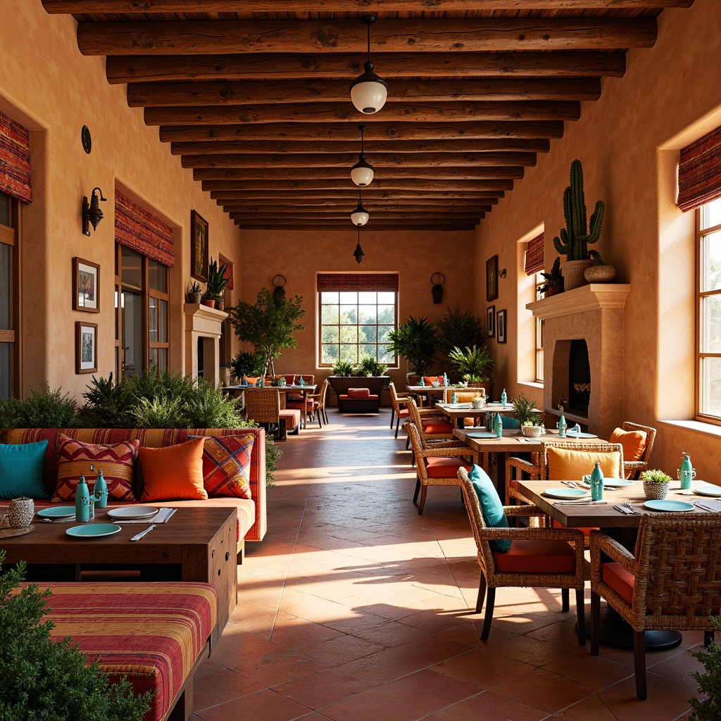 Prompt: Vibrant Southwestern-themed dining hall, warm terracotta floors, rustic wooden tables, colorful Navajo-inspired textiles, woven baskets, turquoise accents, earthy tone walls, natural stone fireplaces, pendant lanterns, rattan chairs, lush greenery, cacti plants, sunny day, soft warm lighting, shallow depth of field, 3/4 composition, realistic textures, ambient occlusion.