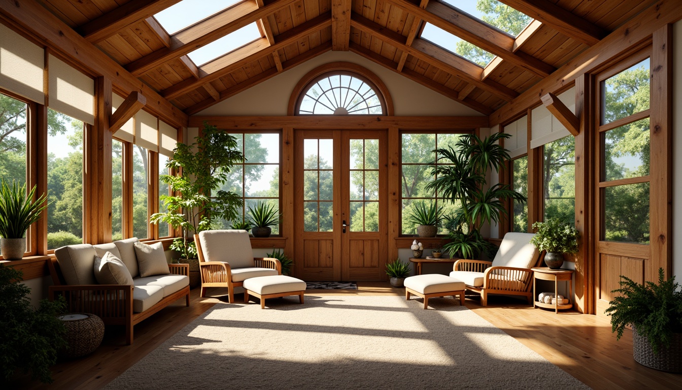 Prompt: Cozy sunroom, warm natural light, wooden beam ceiling, rustic wood accents, earthy tones, plush furniture, woven textiles, vintage decorative items, lush greenery, potted plants, skylights, clerestory windows, transom windows, stained glass doors, soft warm lighting, shallow depth of field, 1/1 composition, intimate atmosphere, organic shapes, natural materials, earthy color palette.