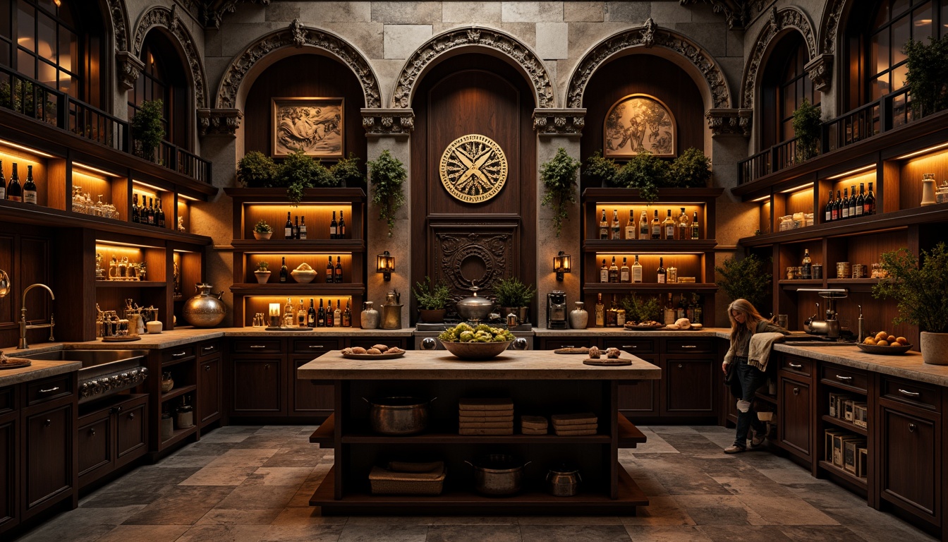 Prompt: Dark wooden cabinetry, ornate carvings, Gothic arches, mystical symbols, rich brown tones, warm golden lighting, intricate stone walls, medieval-inspired hardware, rustic pantry shelves, aged copper accents, distressed finishes, mysterious ambiance, dramatic shadows, low-key lighting, 1/1 composition, cinematic mood, realistic textures, ambient occlusion.