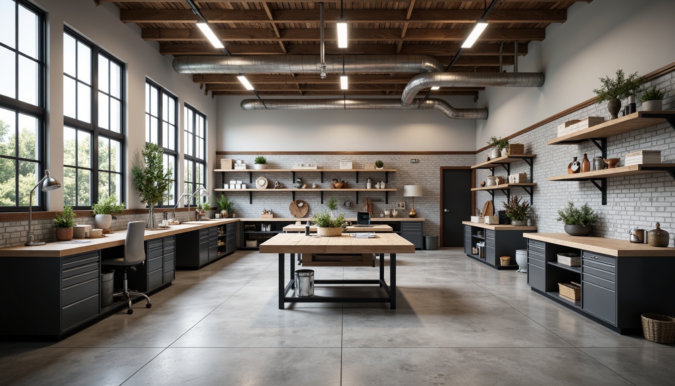 Prompt: Well-organized garage, industrial-style furniture, metallic workbenches, wooden shelving units, storage cabinets, tool chests, ergonomic stools, concrete flooring, neutral color scheme, abundant natural light, high ceiling, minimalist decor, functional layout, 3/4 composition, realistic textures, ambient occlusion.