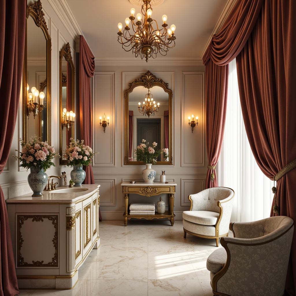 Prompt: Luxurious powder room, rich velvet drapes, ornate gold leafing, soft cream marble, delicate porcelain vases, intricate floral patterns, warm candlelight, lavish silk upholstery, subtle Rococo influences, muted pastel hues, dusty rose tones, pale blue accents, creamy whites, gilded mirrors, ornate wooden panels, luxurious textiles, opulent chandeliers, dramatic shadows, warm golden lighting, 3/4 composition, shallow depth of field, realistic textures.