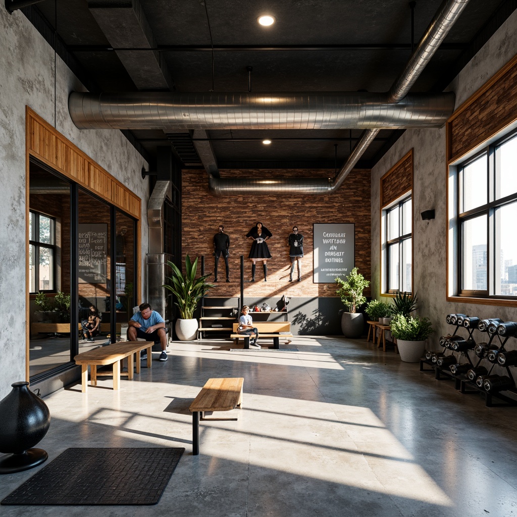 Prompt: Industrial-style home gym, concrete flooring, polished metal accents, exposed ductwork, reclaimed wood walls, industrial-chic lighting, heavy-duty rubber matting, epoxy-coated floors, textured stone tiles, metallic epoxy paint, urban loft-inspired decor, high-ceilinged space, motivational quotes, athletic equipment silhouettes, natural light pouring in, softbox lighting, 1/2 composition, realistic reflections, ambient occlusion.