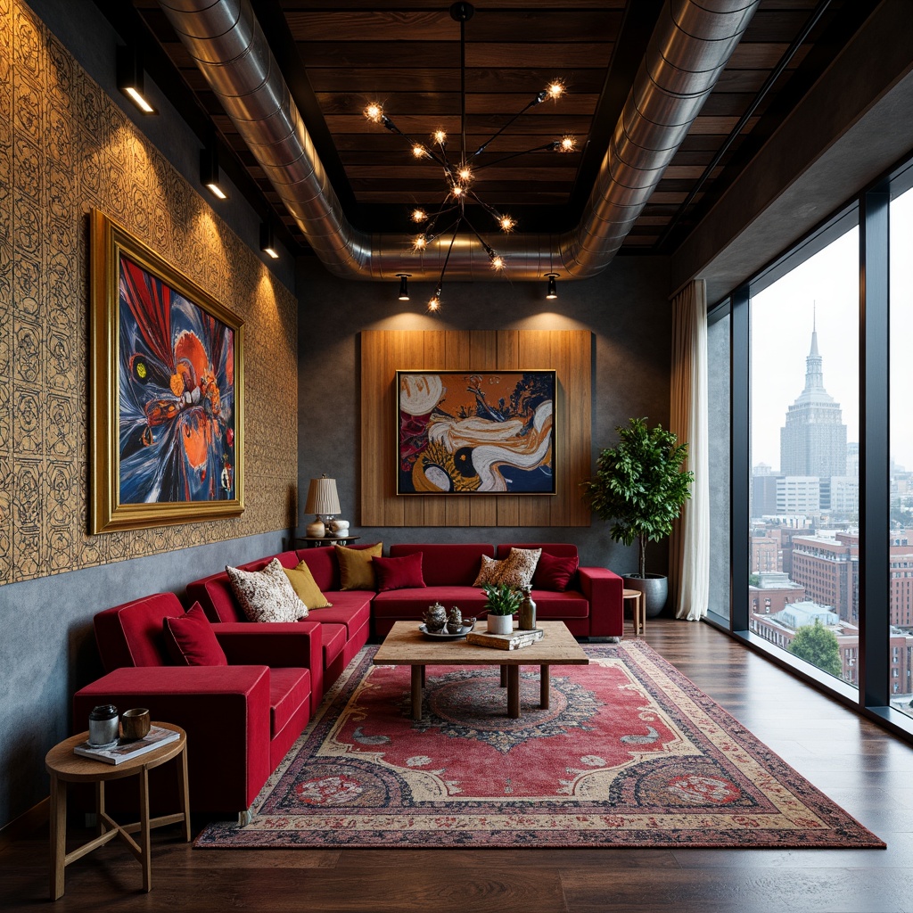 Prompt: Eclectic penthouse interior, richly textured walls, bold patterned wallpaper, vibrant colored mural, geometric tile accents, reclaimed wood paneling, industrial metal beams, exposed brick finishes, luxurious velvet drapes, ornate gold frames, eclectic art pieces, plush area rugs, floor-to-ceiling windows, panoramic city views, dramatic high ceilings, moody warm lighting, shallow depth of field, 1/2 composition, cinematic camera angles, realistic materials, ambient occlusion.