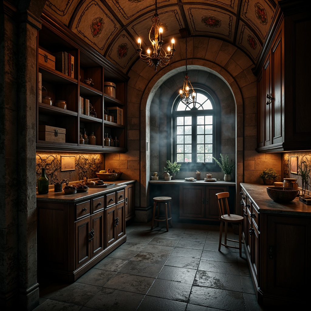 Prompt: Dark pantry interior, mysterious ambiance, rich wood tones, ornate cabinetry, distressed stone walls, vintage metal hardware, grand chandeliers, dramatic lighting, intricate carvings, gothic arches, luxurious fabrics, mysterious shadows, warm candlelight, rustic wooden crates, old-fashioned kitchen utensils, eerie silence, misty atmosphere, soft focus, shallow depth of field, 1/2 composition.