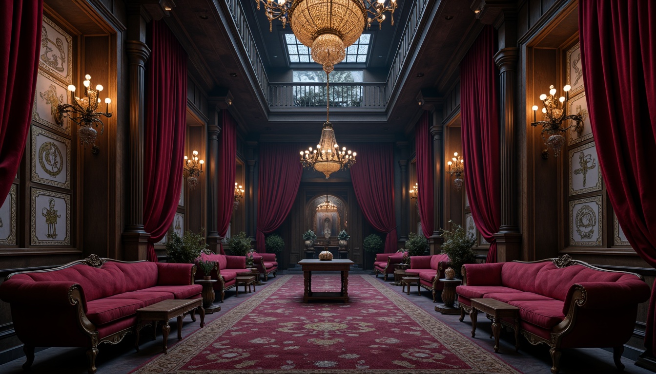 Prompt: Dark mysterious ambiance, rich velvet drapes, ornate wooden furnishings, mystical stone walls, grandiose chandeliers, lavish gold accents, deep crimson reds, midnight blues, eerie purples, somber blacks, warm candlelight, dramatic shadows, opulent fabrics, intricate carvings, medieval-inspired patterns, mystical symbols, romantic florals, hauntingly beautiful landscapes.