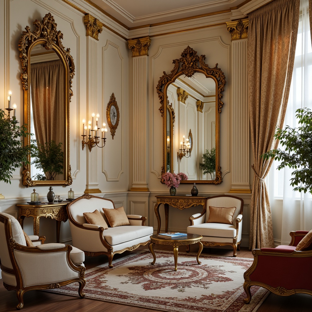 Prompt: Ornate Rococo-style living room, gilded mirrors, intricately carved wooden furniture, velvet upholstery, ornamental console tables, curved cabriole legs, golden bronze accents, soft cream-colored walls, delicate floral patterns, luxurious fabrics, crystal chandeliers, refined antique pieces, subtle warm lighting, 1/2 composition, intimate atmosphere, realistic textures, ambient occlusion.