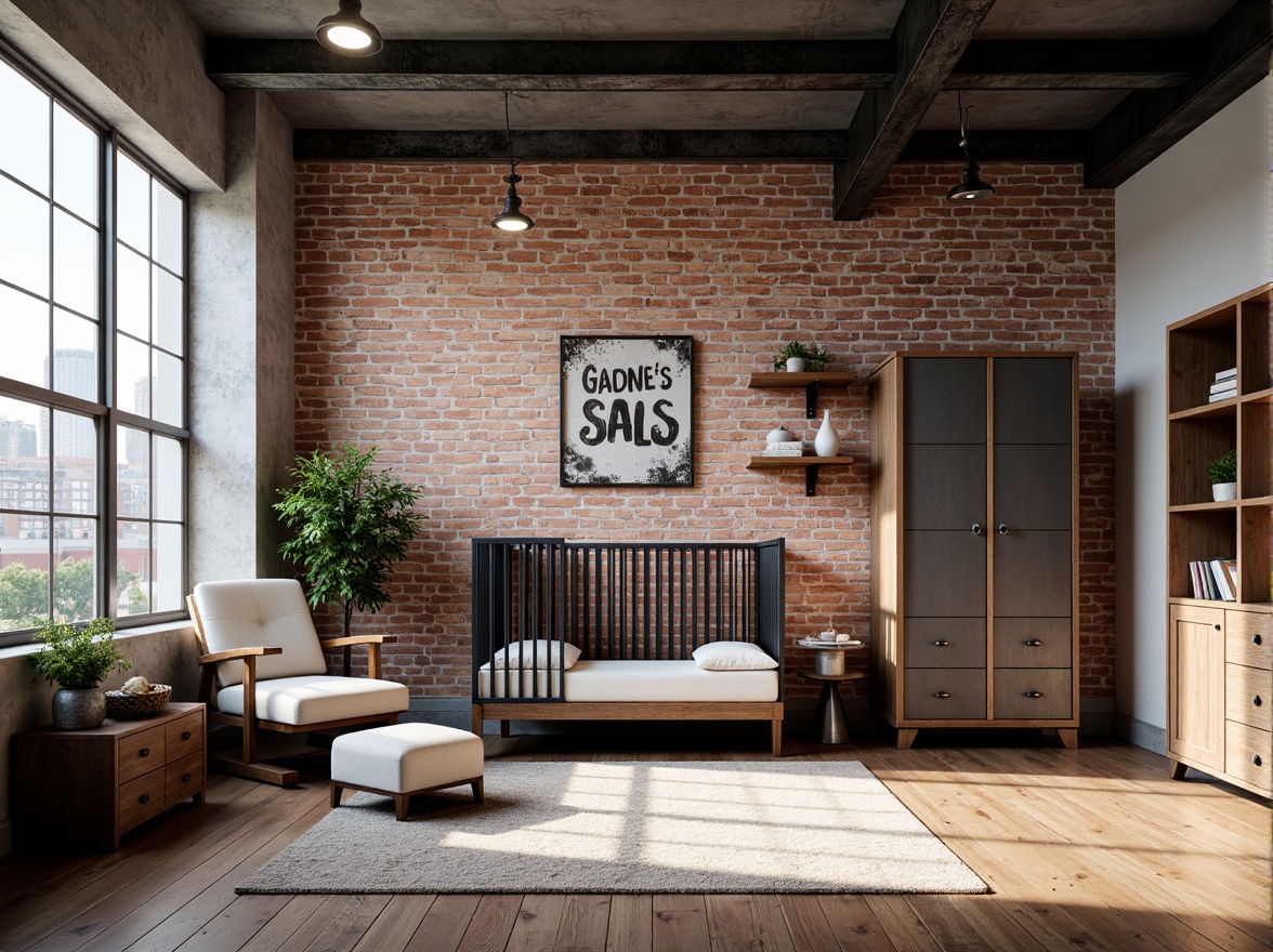 Prompt: Exposed brick walls, reclaimed wood flooring, metal beam ceiling, industrial-style lighting fixtures, minimalist crib, distressed wood furniture, vintage metal decor, urban loft-inspired atmosphere, cityscape views, concrete-textured accents, edgy color palette, matte black finishes, functional storage units, modern nursery essentials, bold typography, eclectic art pieces, rustic wood shelves, airy open space, natural light pouring in, softbox lighting, shallow depth of field, 1/1 composition.