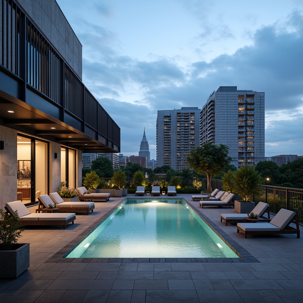 Prompt: Industrial chic pool deck, exposed concrete walls, metallic railings, sleek LED lighting, modernist lounge chairs, minimalist water features, rustic wooden accents, distressed metal planters, urban landscape views, cloudy blue skies, dramatic shading, 1/1 composition, high-contrast textures, detailed 3D modeling.