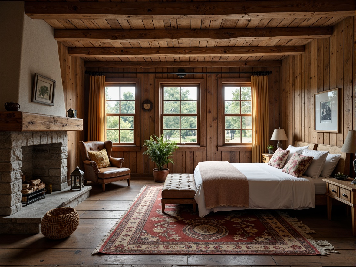 Prompt: Cozy rustic bedroom, reclaimed wood furniture, distressed finishes, vintage metal accents, plush area rug, natural stone fireplace, earthy color palette, wooden ceiling beams, worn leather armchair, woven wicker basket, antique metal lanterns, soft warm lighting, shallow depth of field, 3/4 composition, realistic textures, ambient occlusion.