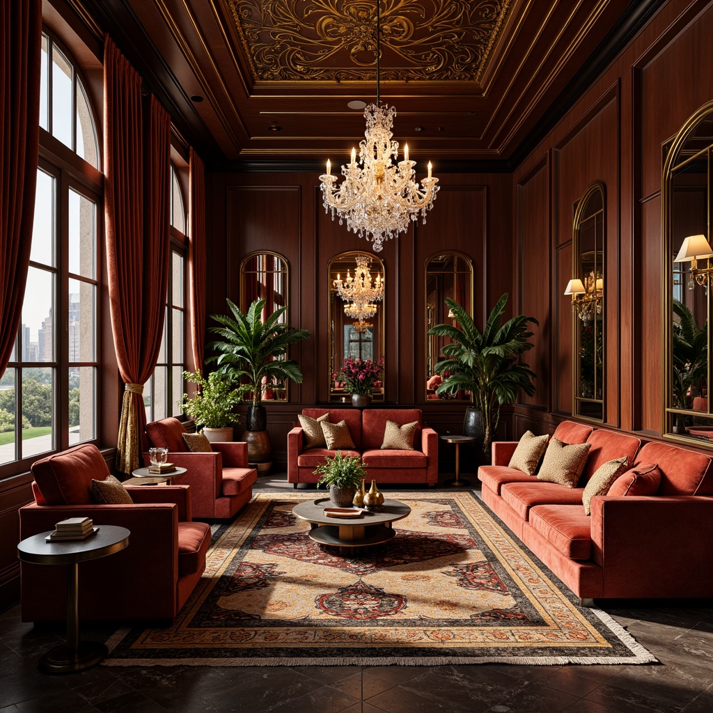 Prompt: Luxurious velvet fabrics, metallic thread embroidery, art deco patterns, geometric shapes, bold color schemes, opulent furnishings, ornate mirrors, crystal chandeliers, lavish drapery, rich wood tones, marble floors, high-gloss finishes, statement lighting fixtures, glamorous accents, vintage inspirations, sophisticated ambiance, 1920s flair, Gatsby-esque luxury, softbox lighting, 1/2 composition, atmospheric rendering, high-contrast textures.