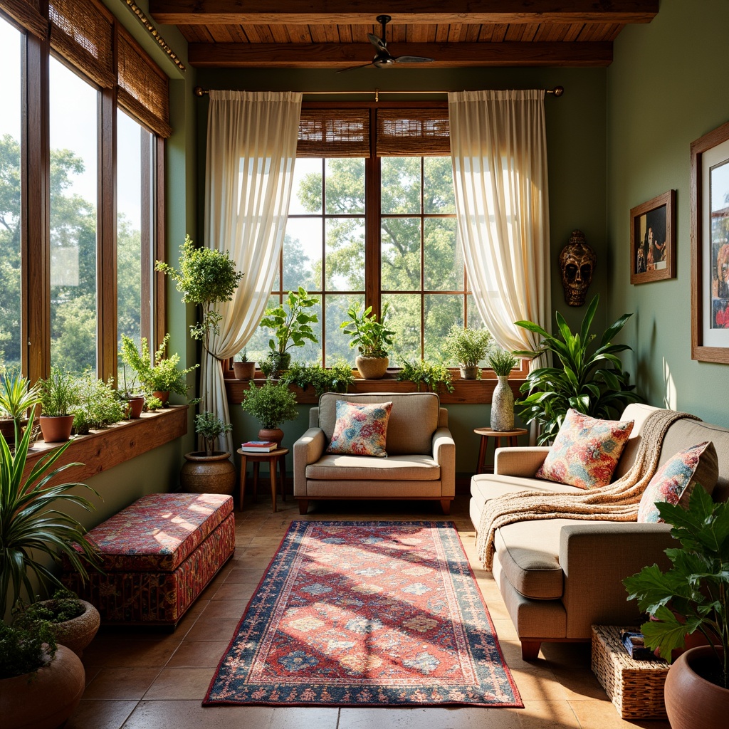 Prompt: Vibrant eclectic sunroom, lush greenery, natural light pouring in, floor-to-ceiling windows, colorful patterned rugs, mix-and-match furniture, global-inspired decor, woven bamboo shades, flowing drapery, macrame trim, Moroccan tiles, distressed wood accents, eclectic artwork, abstract sculptures, warm golden lighting, layered textiles, bohemian vibe, casual seating areas, potted plants, natural fabrics, organic shapes, playful color palette, soft romantic ambiance.