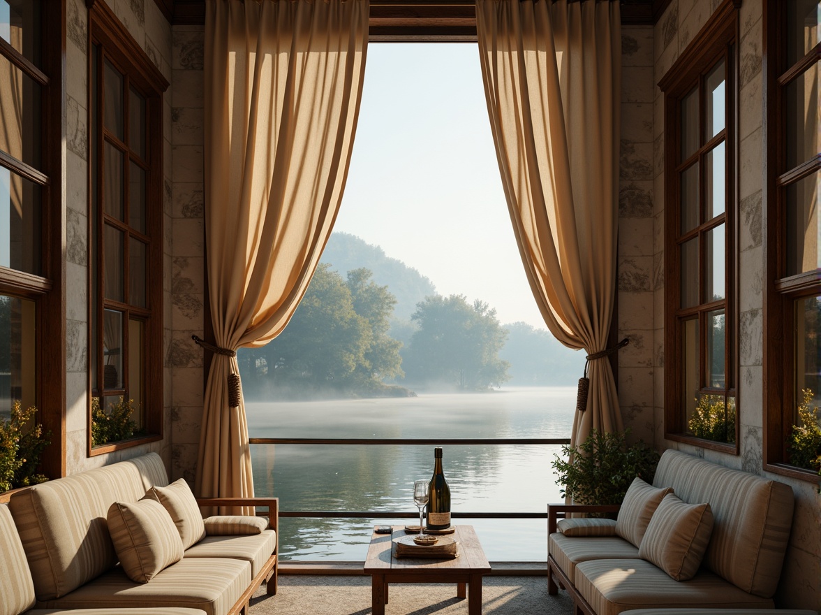 Prompt: Elegant boathouse, Neoclassicism style, ornate wooden shutters, cream-colored drapes, flowing silk curtains, rustic rope accents, nautical-themed tiebacks, brass hardware, distressed wood textures, weathered stone walls, tranquil lake views, misty morning atmosphere, soft warm lighting, shallow depth of field, 2/3 composition, realistic reflections, ambient occlusion.