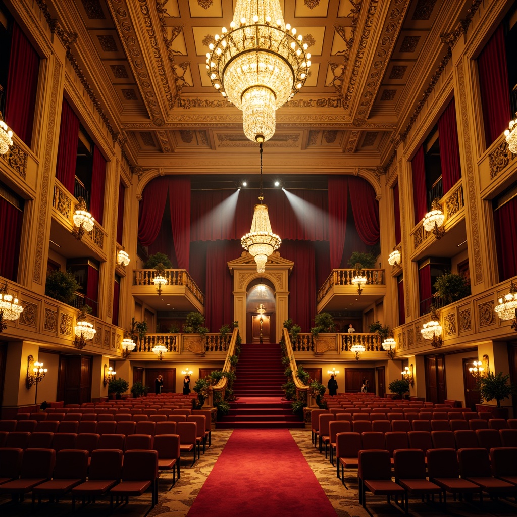 Prompt: Grand opera house, ornate chandeliers, crystal pendants, warm golden lighting, softbox diffusers, subtle color temperature shifts, dramatic spotlights, rich velvet drapes, intricate moldings, classical architecture, grand staircase, opulent balconies, red carpet, gilded accents, majestic high ceilings, symmetrical composition, 1/2 camera angle, cinematic atmosphere, realistic textures, advanced lighting simulations.