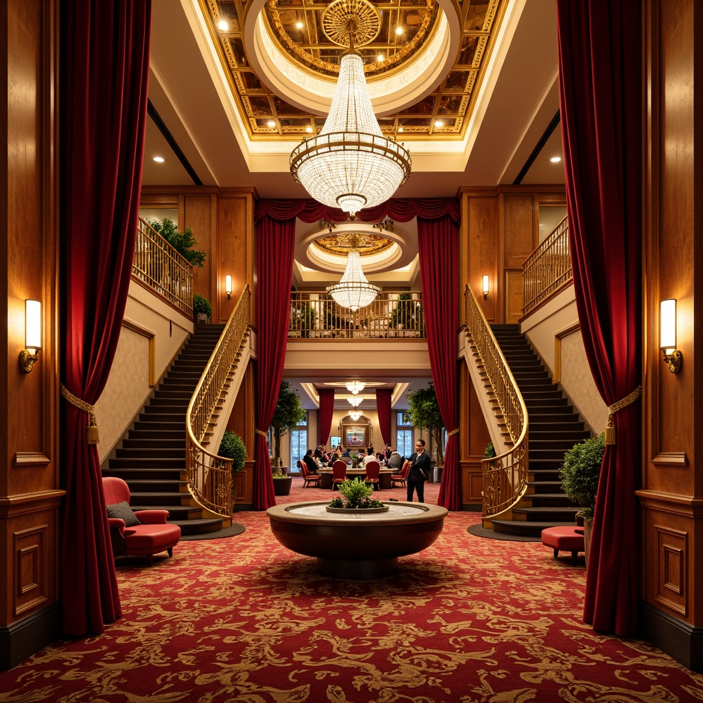 Prompt: Luxurious casino interior, traditional ornate details, rich wood tones, velvet drapes, crystal chandeliers, warm golden lighting, soft ambient glow, dramatic spotlights, high-contrast shadows, luxurious carpeting, intricate moldings, gilded accents, opulent furnishings, lavish decor, vibrant red and gold color scheme, ornate ceiling designs, grandiose staircases, sophisticated atmosphere, warm inviting ambiance, 1/2 composition, shallow depth of field, soft focus background.