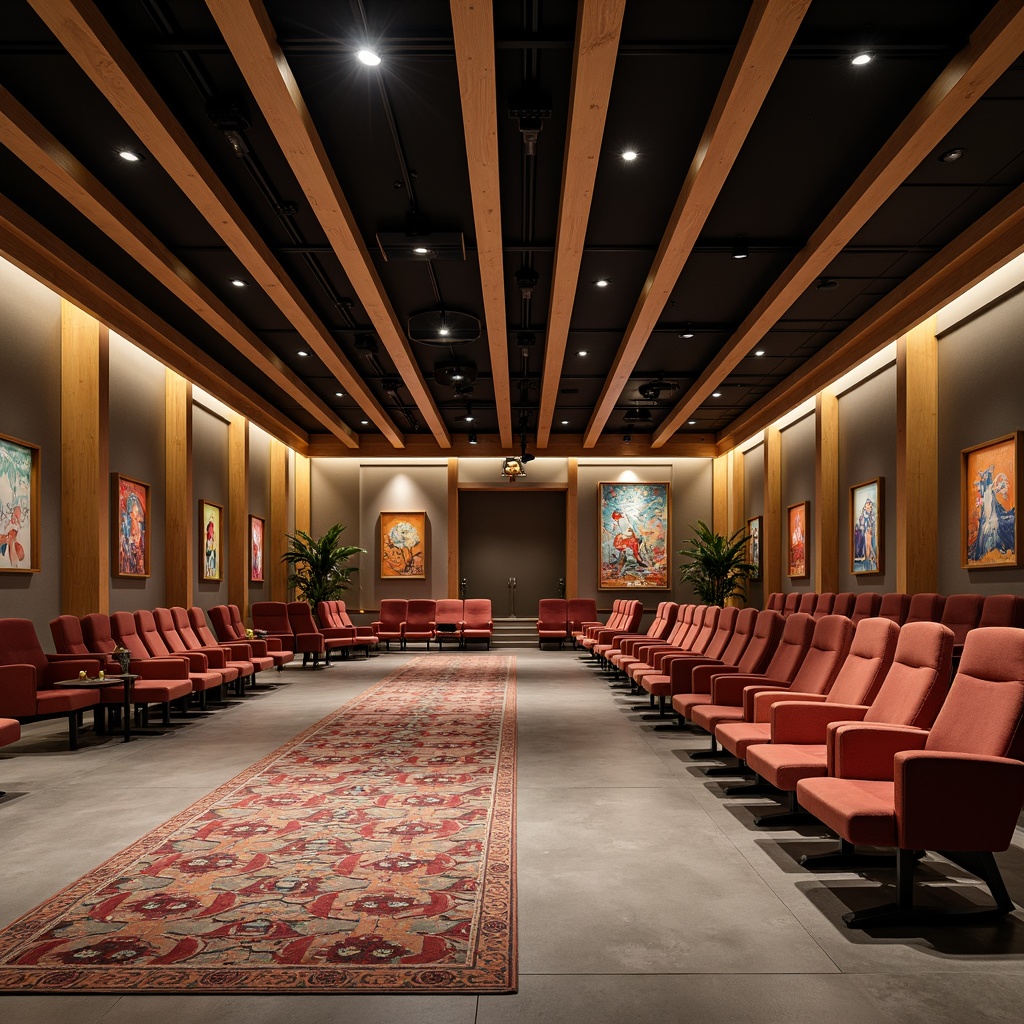 Prompt: Streamlined modern auditorium interior, polished concrete floors, acoustic panel walls, sleek metallic accents, minimalist lighting fixtures, plush velvet seating, rich wood tones, geometric patterned rugs, bold colorful murals, abstract art installations, softbox LED lighting, 1/2 composition, shallow depth of field, warm atmospheric glow, realistic textures, ambient occlusion.