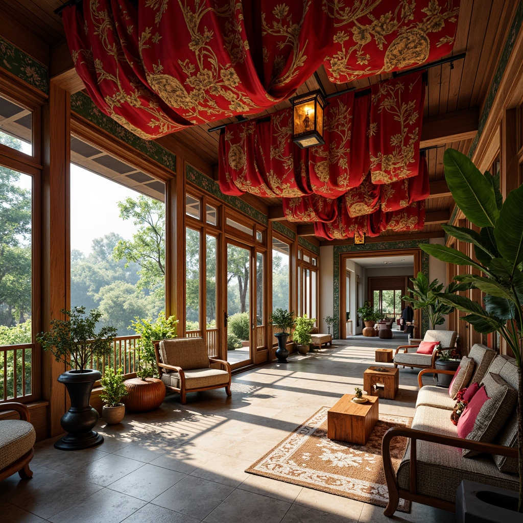 Prompt: Vibrant silk fabrics, intricate embroidery, golden accents, ornate wooden panels, hand-painted murals, delicate lanterns, lush greenery, natural stone floors, traditional Asian-inspired furniture, low seating areas, floor-to-ceiling windows, soft warm lighting, 1/2 composition, shallow depth of field, realistic textures, ambient occlusion.