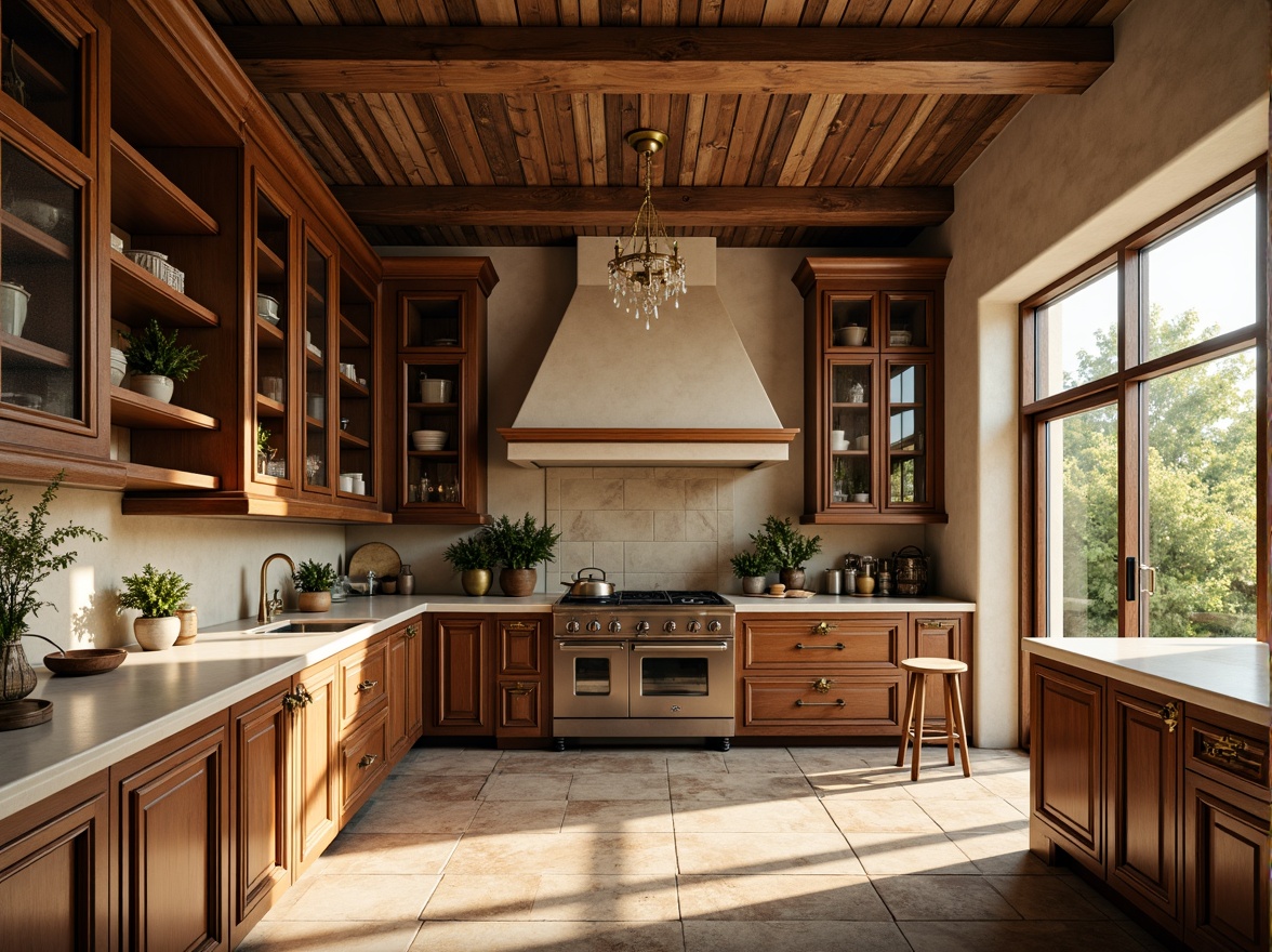 Prompt: Renaissance-style kitchen, ornate cabinetry, carved wooden panels, golden hardware, cream-colored marble countertops, warm beige walls, rustic wooden floors, large windows, soft natural lighting, 3/4 composition, symmetrical arrangement, rich textures, ambient occlusion, elegant chandeliers, vintage-inspired appliances, earthy color palette, classic architectural details, sophisticated furnishings, refined ambiance, morning sunlight, gentle shadows.