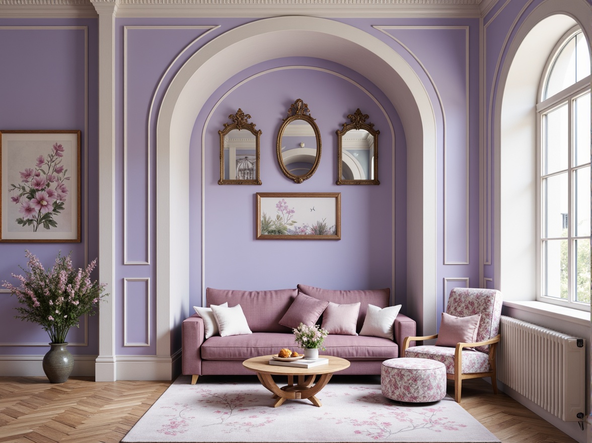 Prompt: Soft lavender blue walls, pastel purple accents, creamy white trim, natural wood furniture, elegant archways, ornate mirrors, luxurious velvet fabrics, subtle sheen finishes, delicate florals patterns, whimsical watercolor textures, warm golden lighting, shallow depth of field, 1/1 composition, intimate atmosphere, romantic ambiance.