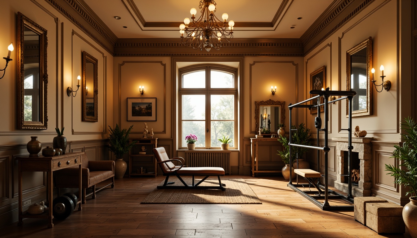 Prompt: Elegant home gym, neoclassical architecture, ornate moldings, grand chandeliers, warm beige walls, polished wooden floors, rustic metal equipment, leather-bound weights, antique-inspired mirrors, softbox lighting, warm golden illumination, 1/1 composition, symmetrical framing, realistic textures, ambient occlusion.