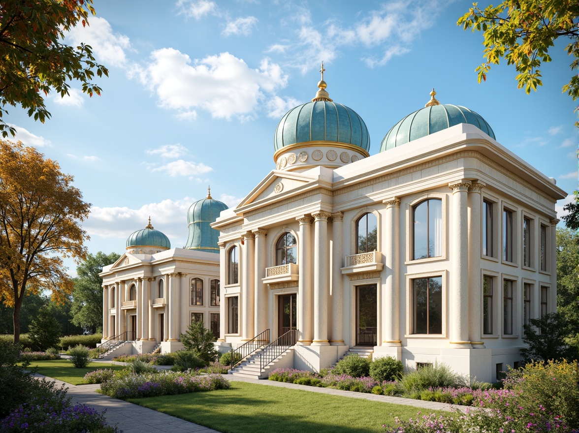 Prompt: Elegant neoclassical architecture, sky blue domes, creamy white columns, ornate gold details, subtle marble textures, soft warm lighting, shallow depth of field, 1/2 composition, symmetrical framing, realistic reflections, ambient occlusion, lush greenery, blooming flowers, serene atmosphere, gentle cloud formations, bright sunny day.