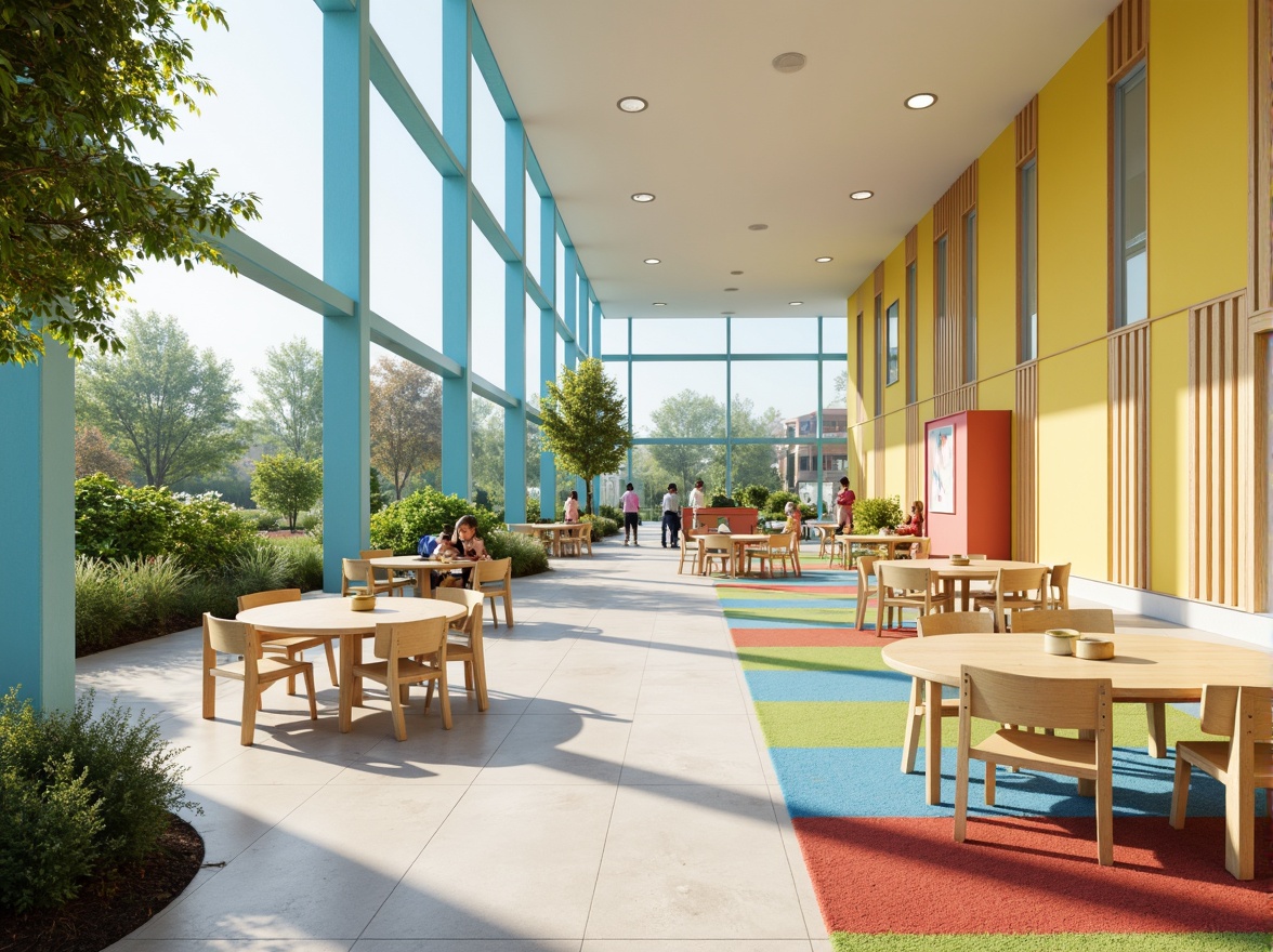 Prompt: Vibrant elementary school interior, playful color scheme, soft pastel hues, calming blue tones, energetic yellow accents, natural wood textures, creamy white walls, modern furniture designs, circular tables, ergonomic chairs, colorful rug patterns, abundant greenery, floor-to-ceiling windows, warm soft lighting, shallow depth of field, 1/1 composition, realistic renderings, ambient occlusion.