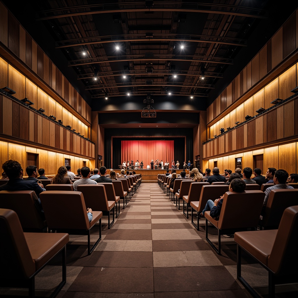 Prompt: Tiered seating, curved rows, comfortable cushions, stainless steel frames, wooden accents, inclined plane, audience visibility, central performance stage, spotlights, sound systems, acoustic panels, gradient color scheme, warm ambient lighting, shallow depth of field, 1/1 composition, panoramic view, realistic textures, ambient occlusion.