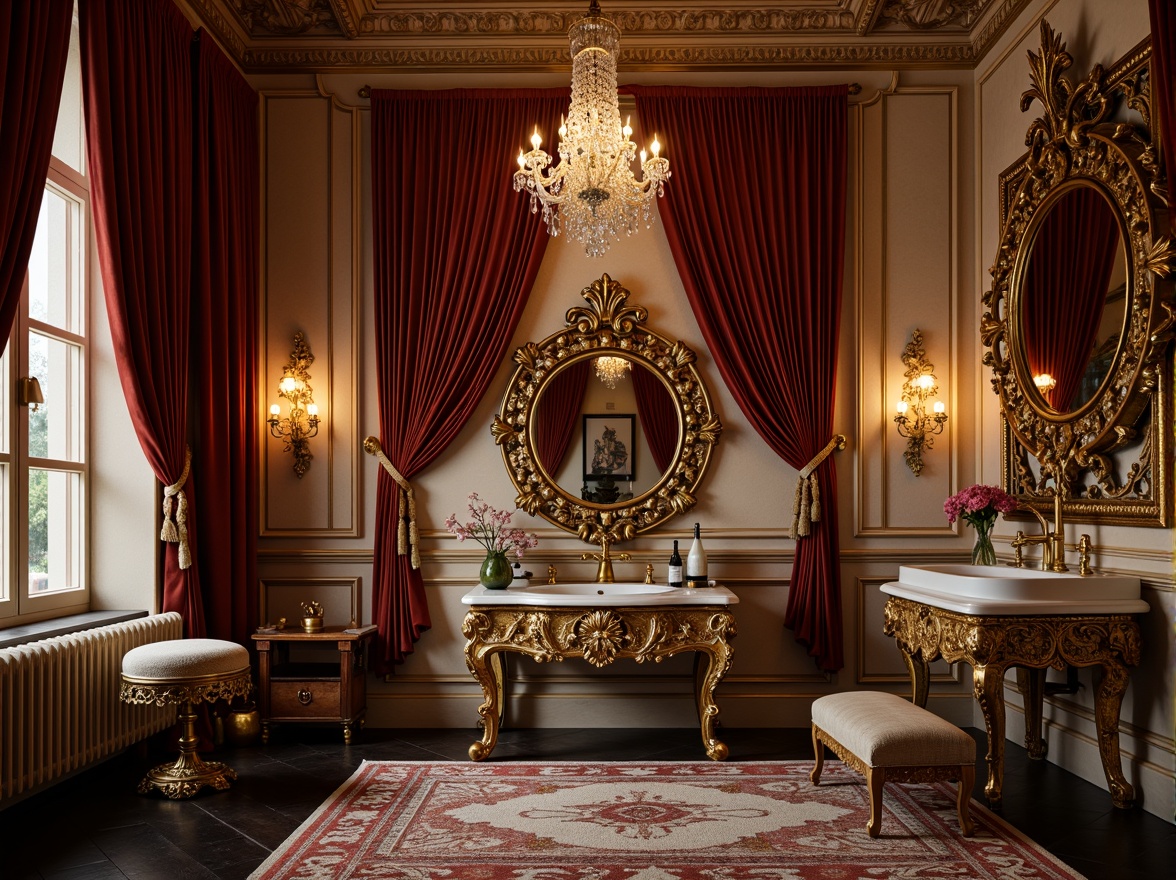 Prompt: Ornate powder room, luxurious velvet drapes, gilded mirrors, intricately carved wooden paneling, crystal chandeliers, candelabras, soft warm golden lighting, dramatic shadows, ornamental furnishings, richly patterned rugs, lavish decorative accents, Baroque architectural details, opulent fabrics, heavy drapery, subtle color palette, warm candlelight, ambient illumination, shallow depth of field, 1/1 composition, detailed textures, realistic reflections.