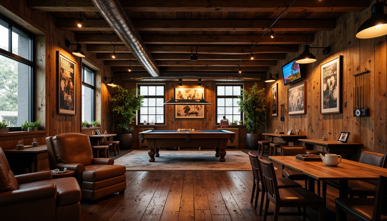 Prompt: Cozy game room, rustic wooden accents, warm earthy tones, vintage posters, distressed leather armchairs, reclaimed wood tables, pendant lamps, industrial metal shades, Edison bulbs, soft warm glow, pool table, ping-pong table, gaming consoles, 3D TVs, neon signs, ambient occlusion, realistic textures, shallow depth of field, cinematic lighting, dramatic shadows.