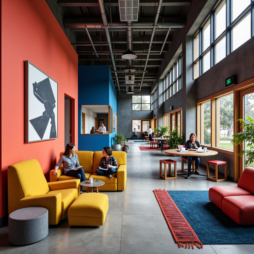 Prompt: Vibrant student lounge, bold color scheme, bright coral walls, deep blue accents, warm yellow furniture, rich wood tones, cozy textiles, geometric patterns, modern industrial architecture, open communal spaces, collaborative workstations, natural light pouring in, airy atmosphere, shallow depth of field, 1/1 composition, realistic textures, ambient occlusion.