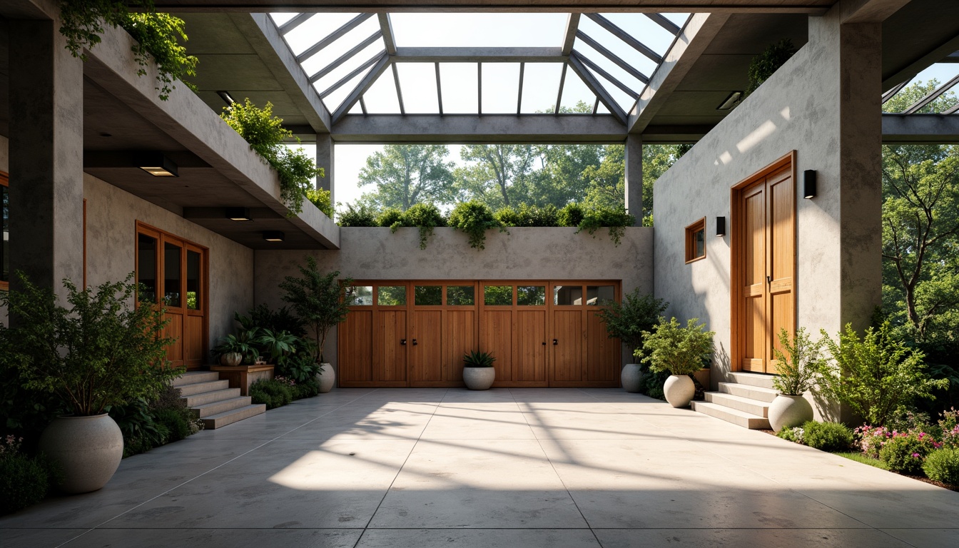 Prompt: Spacious garage interior, high ceiling, clerestory windows, skylights, transparent roof panels, reflective metal surfaces, polished concrete floors, minimalist decor, industrial chic style, exposed ductwork, steel beams, natural stone accents, abundant greenery, potted plants, vines, wooden garage doors, modern hardware, automatic door openers, soft warm lighting, shallow depth of field, 1/2 composition, realistic textures, ambient occlusion.