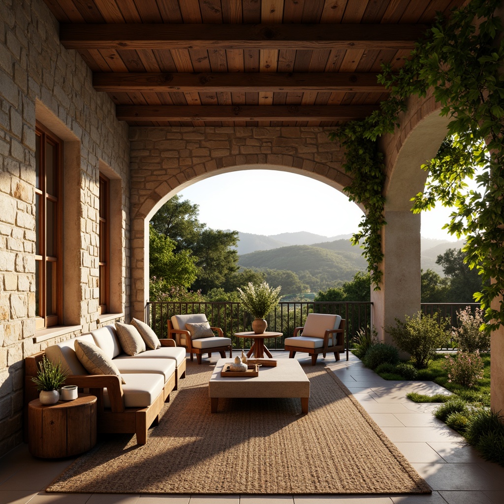 Prompt: Rustic villa, stone-textured walls, earthy tones, wooden accents, natural materials, cozy atmosphere, warm lighting, crackling fireplace, plush furnishings, woven textiles, vine-covered trellis, lush greenery, blooming flowers, serene landscape, rolling hills, countryside views, soft focus, 1/1 composition, warm color palette, inviting ambiance.