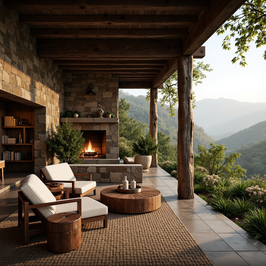 Prompt: Rustic villa, wooden accents, stone walls, earthy color palette, natural textures, vintage furniture, distressed finishes, cozy fireplaces, plush furnishings, warm lighting, country-inspired decor, botanical elements, lush greenery, rolling hills, serene landscape, misty morning, soft warm light, shallow depth of field, 3/4 composition, panoramic view.