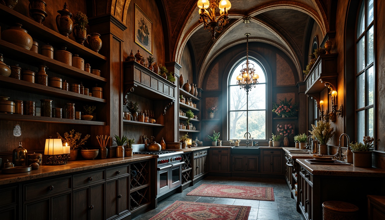 Prompt: Richly ornamented pantry, mysterious Gothic arches, dark wood cabinetry, ornate metal hardware, vintage-inspired kitchenware, distressed finishes, warm candlelight, mysterious shadows, mystical ambiance, dramatic ceiling heights, grandiose chandeliers, lavish drapery, luxurious textiles, intricate stone carvings, eerie silence, 1/1 composition, cinematic lighting, high-contrast rendering.