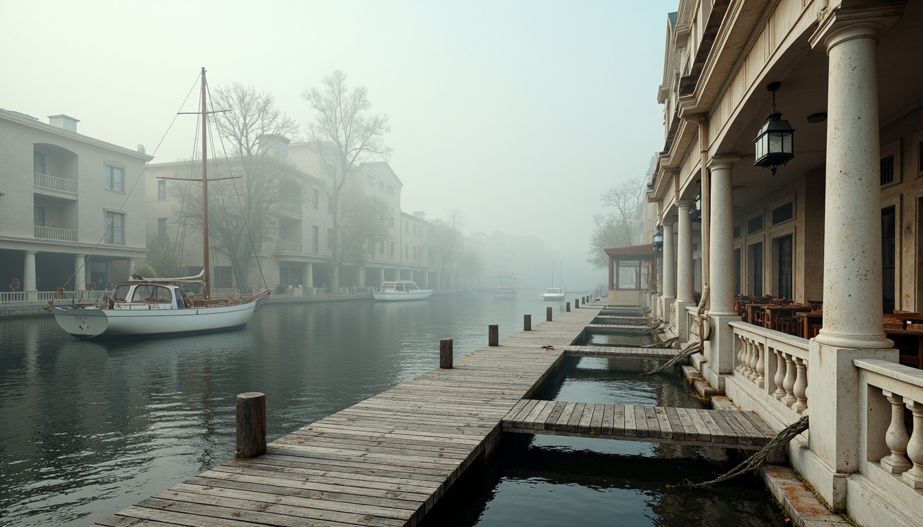 Prompt: Weathered wooden docks, vintage nautical ropes, distressed sailboats, soft misty mornings, tranquil lake scenery, classical columns, ornate balustrades, creamy white facades, soft blues and whites color palette, warm beige accents, rich wood tones, elegant lanterns, ornate metalwork, subtle texture overlays, atmospheric fog, shallow depth of field, 1/1 composition, cinematic lighting, realistic water reflections.