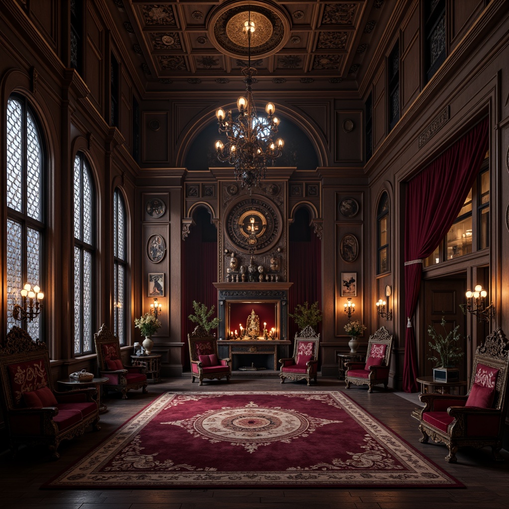 Prompt: Dark mysterious ambiance, ornate wooden furniture, intricately carved details, grandiose chandeliers, lavish velvet fabrics, majestic throne-like chairs, mysterious ancient artifacts, mystical symbols etched into wood, dramatic archways, vaulted ceilings, stained glass windows, rich burgundy colors, heavy drapery, mysterious lanterns, eerie candlelight, 3/4 composition, atmospheric lighting, high contrast, detailed textures, ambient occlusion.