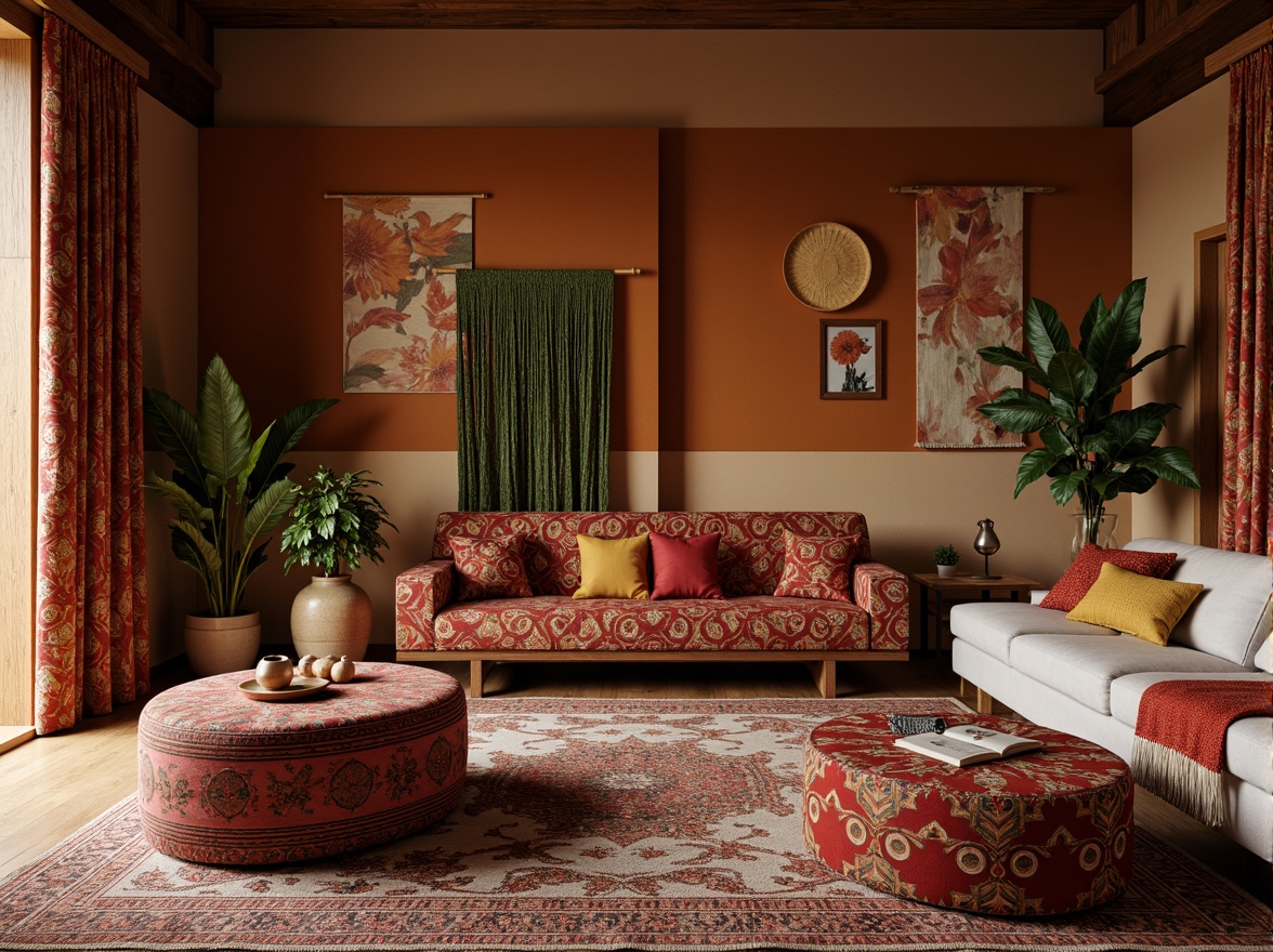 Prompt: Richly patterned upholstery, vibrant colorful fabrics, plush cushions, intricately woven rugs, soft velvety drapes, natural fiber textiles, earthy tone color palette, organic shapes, modern minimalist furniture, sleek low-profile sofas, geometric patterned throws, ambient warm lighting, cozy reading nooks, intimate conversation areas, inviting atmosphere, shallow depth of field, 3/4 composition, realistic textures, subtle shadowing.