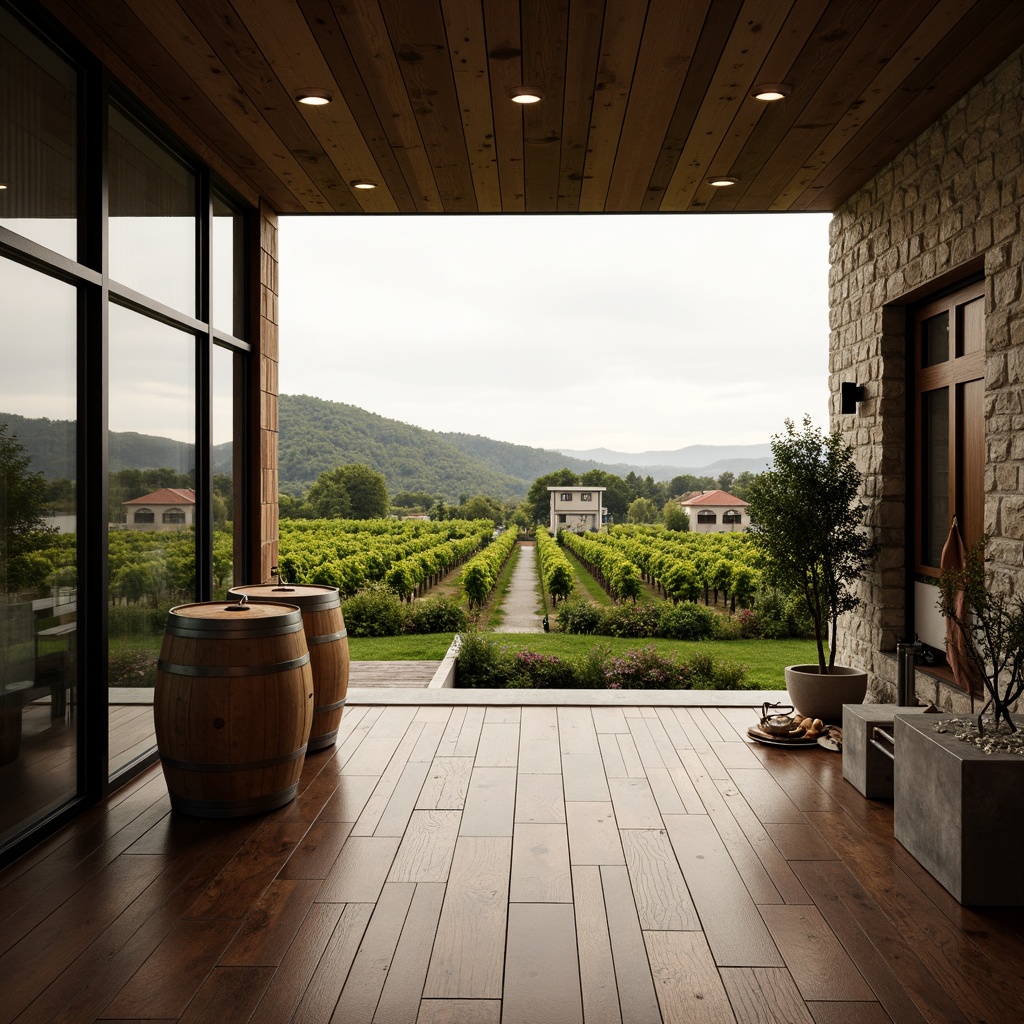 Prompt: Vineyard landscape, rolling hills, lush green vines, rustic wooden barrels, wine cellar doors, modern minimalist architecture, large glass windows, natural stone walls, industrial metal accents, reclaimed wood floors, earthy color palette, soft warm lighting, shallow depth of field, 3/4 composition, panoramic view, realistic textures, ambient occlusion.