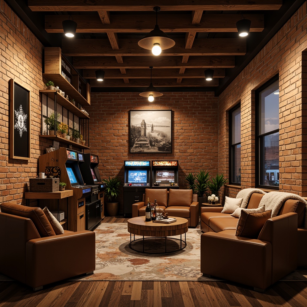 Prompt: Rustic game room, wooden accents, vintage arcade machines, plush couches, oversized armchairs, warm lantern lighting, brick walls, reclaimed wood flooring, earthy color palette, cozy throw blankets, industrial metal shelves, wooden crates, abstract artwork, dimmable pendant lights, 3/4 composition, shallow depth of field, realistic textures, ambient occlusion.