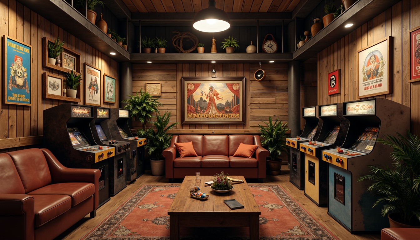 Prompt: Rustic game room, vintage arcade machines, distressed wood accents, worn leather sofas, industrial metal lighting, reclaimed wood walls, eclectic decorative items, retro-style posters, nostalgic color palette, warm ambient lighting, shallow depth of field, 1/1 composition, realistic textures, ambient occlusion.