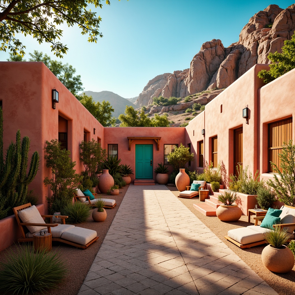 Prompt: Vibrant Southwestern style, turquoise accents, earthy terracotta tones, sandy beige backgrounds, warm golden sunlight, rustic wooden textures, woven Native American-inspired patterns, bold geometric shapes, bright coral hues, soft sage greens, natural stone walls, adobe architecture, desert flora, cacti silhouettes, dramatic rock formations, clear blue skies, warm ambient lighting, high contrast composition, cinematic depth of field.