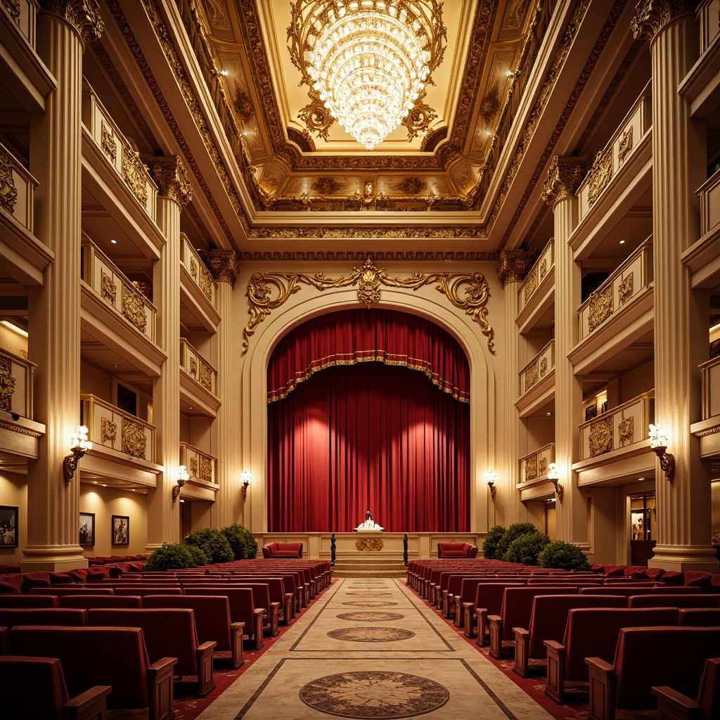 Prompt: Elegant opera house, grandiose columns, ornate balconies, rich velvet curtains, luxurious golden chandeliers, polished marble floors, intricate wooden paneling, acoustic ceiling design, soft warm lighting, shallow depth of field, 3/4 composition, panoramic view, realistic textures, ambient occlusion, cream-colored limestone fa\u00e7ade, symmetrical architecture, dramatic staircases, opulent box seats, red carpeted aisles, ornamental metalwork, refined auditorium design.