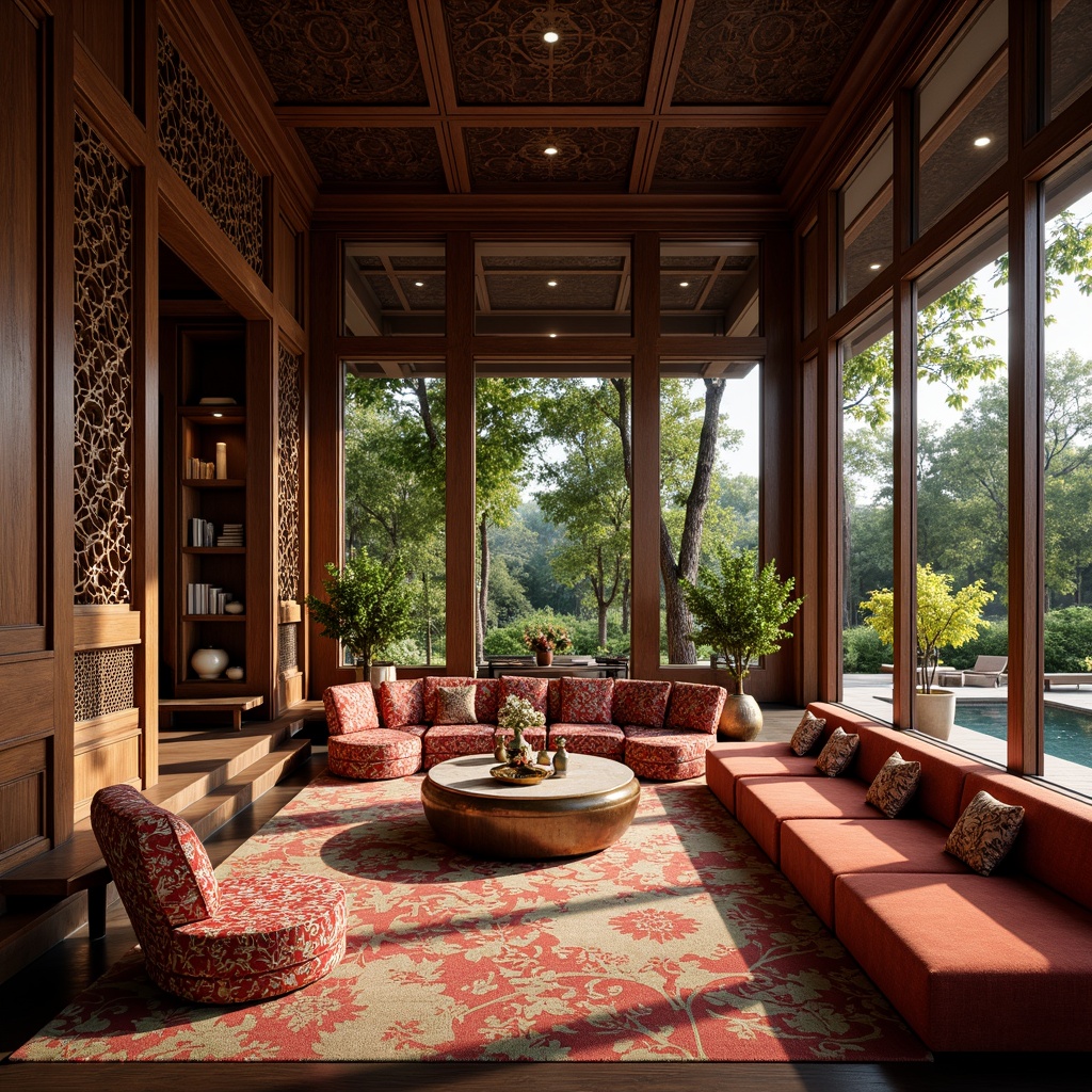 Prompt: Elegant pavilion, intricately carved wooden panels, ornate silk fabrics, vibrant Asian-inspired patterns, luxurious velvet upholstery, polished bronze accents, subtle natural light, serene ambiance, minimalist decor, traditional Chinese motifs, Japanese-style tatami mats, Indonesian-inspired batik prints, Thai-influenced golden ornaments, soft warm glow, shallow depth of field, 1/2 composition, realistic textures, ambient occlusion.