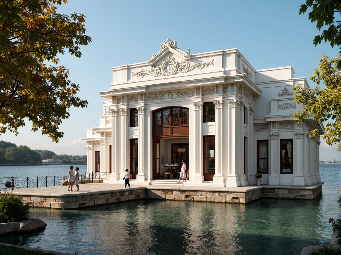 Prompt: Ornate boathouse, Neoclassical architecture, white stucco fa\u00e7ade, intricate moldings, carved wooden decorations, grand entrance, symmetrical composition, pedimented roofline, ornamental cornices, ionic columns, decorative pilasters, rustic stone foundation, waterfront location, serene lake views, lush greenery, sunny day, soft warm lighting, shallow depth of field, 3/4 composition, realistic textures, ambient occlusion.