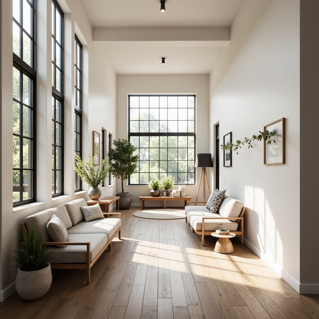 Prompt: Minimalist Scandinavian-style hall, high ceiling, large windows, soft natural light, wooden floors, pale color palette, cozy textiles, modern furniture, sleek lines, Nordic-inspired patterns, greenery, potted plants, rustic wooden accents, warm-toned lighting, 1/1 composition, shallow depth of field, soft focus, realistic textures, ambient occlusion.