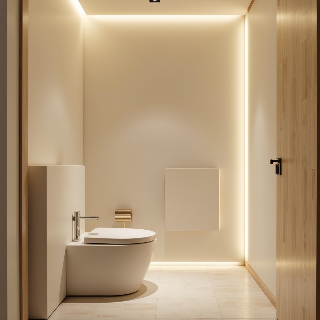 Prompt: Minimalist powder room, soft warm glow, gentle LED strip lighting, subtle ambient illumination, creamy white walls, sleek modern fixtures, polished chrome hardware, minimalist decor, sparse accessories, calm serene atmosphere, soft focus, shallow depth of field, 1/1 composition, warm neutral color palette, matte finish, simple geometric shapes.