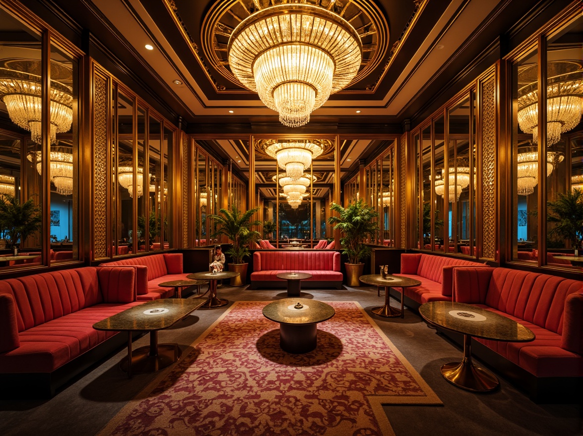 Prompt: Luxurious Art Deco interior, opulent furnishings, ornate metalwork, lavish chandeliers, rich velvet fabrics, glamorous mirrored surfaces, geometric patterns, bold color schemes, metallic accents, elegant curves, sophisticated ambiance, warm golden lighting, shallow depth of field, 1/1 composition, close-up shots, realistic reflections, ambient occlusion.