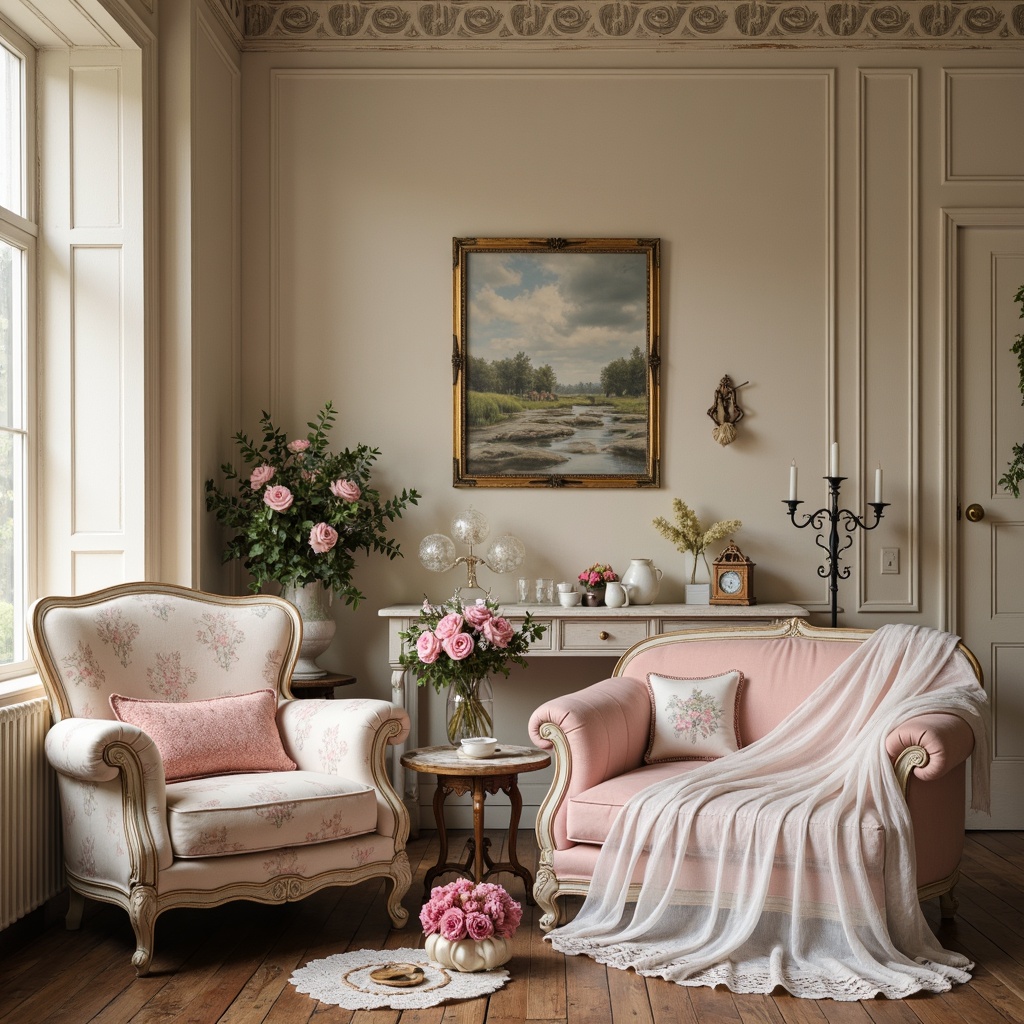 Prompt: Soft pastel hues, distressed finishes, vintage furniture, floral patterns, lace fabrics, ruffled textiles, cream-colored walls, weathered wood accents, ornate metal details, delicate porcelain vases, antique clocks, rustic wooden floors, warm candlelight, shallow depth of field, 1/1 composition, romantic atmosphere, whimsical decorations, feminine touches, elegant script fonts.