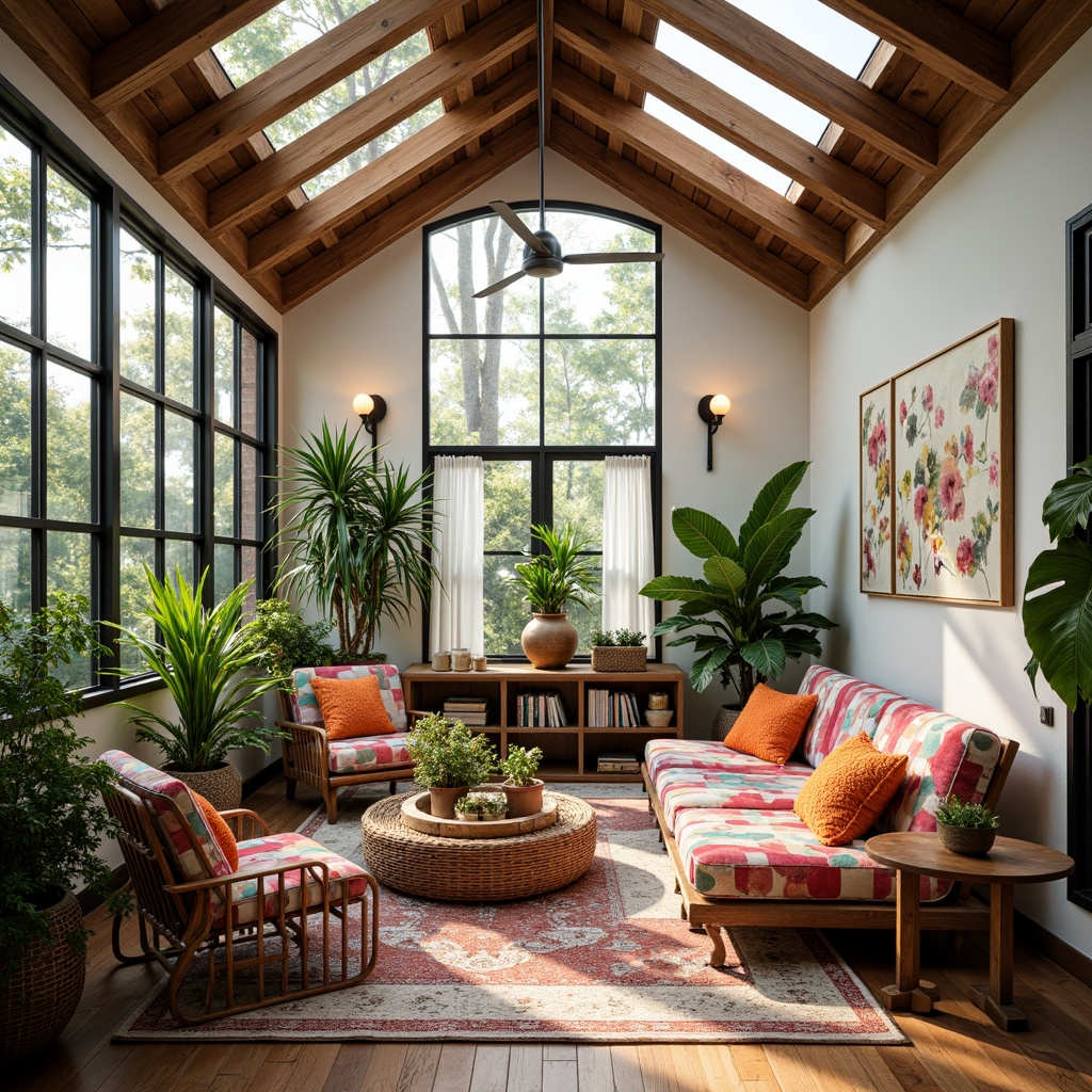 Prompt: Vibrant sunroom, eclectic style, natural light pouring in, large skylights, clerestory windows, wooden beam ceilings, colorful textiles, plush throw pillows, wicker furniture, rattan decor, potted plants, lush greenery, botanical patterns, warm earthy tones, reclaimed wood accents, industrial metal frames, abstract artwork, statement lighting fixtures, sheer curtains, soft diffused light, 1/1 composition, shallow depth of field, realistic textures.