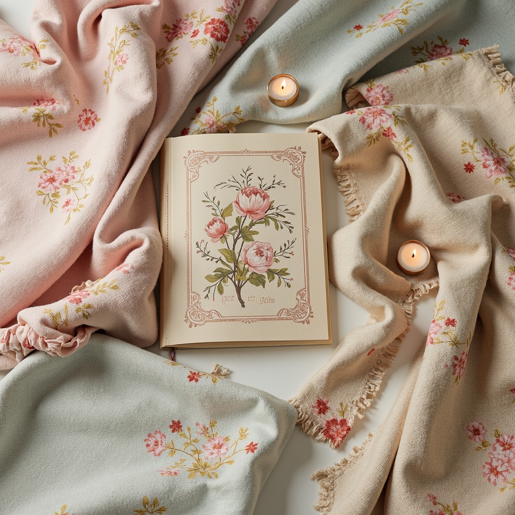 Prompt: Distressed velvet fabrics, soft pastel hues, vintage floral patterns, lace trimmings, ruffled edges, linen textures, worn leather accents, antique embroidery, faded denim blues, rustic burlap, subtle sheen, natural fibers, organic materials, whimsical illustrations, distressed finishes, ornate details, feminine touches, warm beige tones, cozy candlelit ambiance, softbox lighting, 1/2 composition, realistic fabrics, ambient occlusion.