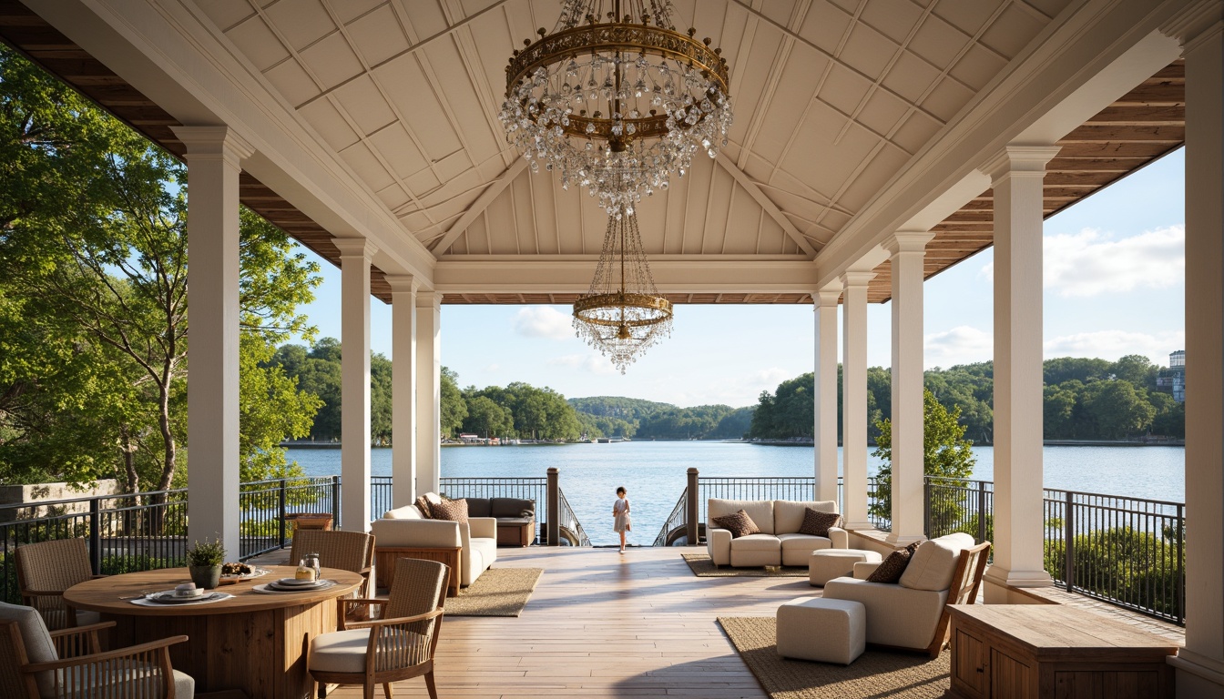 Prompt: \Elegant boathouse, neoclassical style, white ornate ceiling, intricate moldings, golden accents, crystal chandeliers, wooden beams, vaulted ceiling, natural light, waterfront views, serene lake scenery, lush greenery, rustic wood tones, warm soft lighting, shallow depth of field, 1/1 composition, realistic textures, ambient occlusion.\Let me know if this meets your requirements!